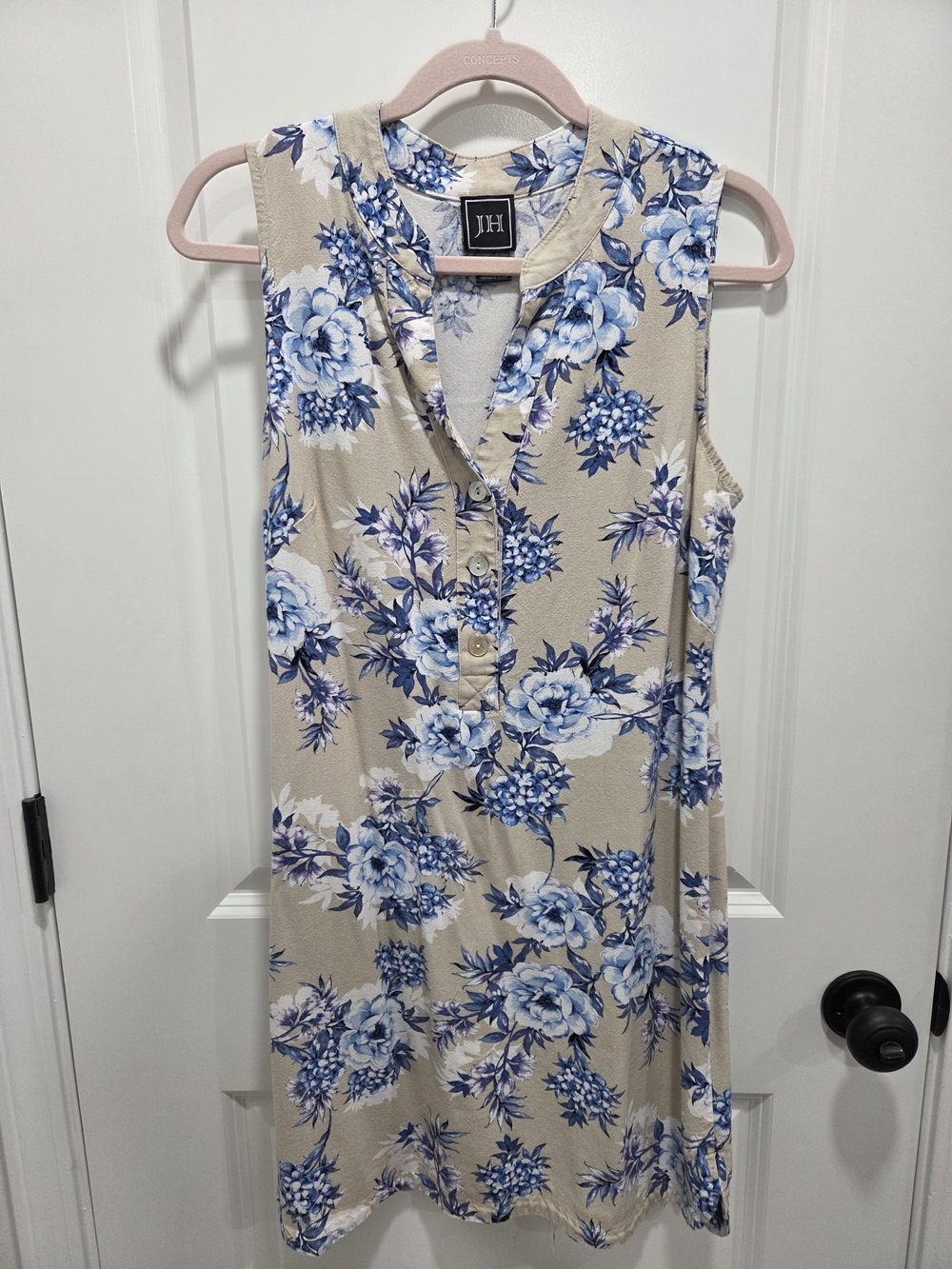JH Collectibles Tan & Blue Floral Linen-Blend Shift Dress Size 10